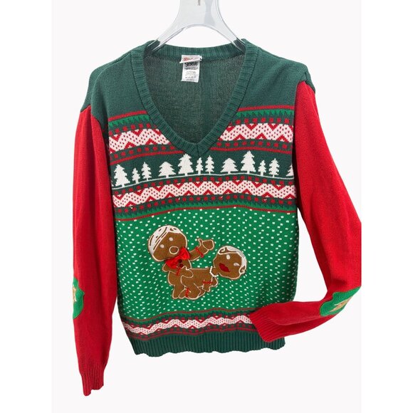 Spencers XL Naughty Gingerbread v Neck Christmas Sweater Holiday Ugly Party - Picture 1 of 8